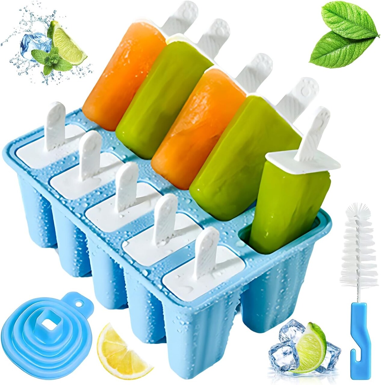 Summer Silicone Popsicle Molds – 10-Cavity BPA-Free Reusable Ice Pop Maker with Sticks, Funnel & Cleaning Brush, Easy-Release DIY Frozen Treats